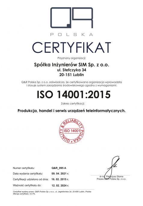 Certyfikat zarządzania środowiskowego ISO 14001:2015