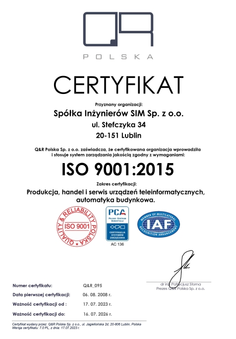 Certyfikat Systemu Zarządzania Jakością ISO 9001:2015